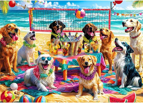 Rompecabezas para adultos de 1000 piezas, rompecabezas de perro de 1000 piezas – Doggo Beach Bash, rompecabezas de decoración de fiesta,