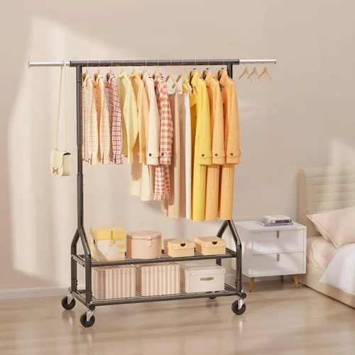 Miniatura 8 de EAGMAK Perchero de ropa resistente con capacidad de carga de 556 LBS, perchero rodante con estantes, colgador de ropa ajustable en altura con Negro