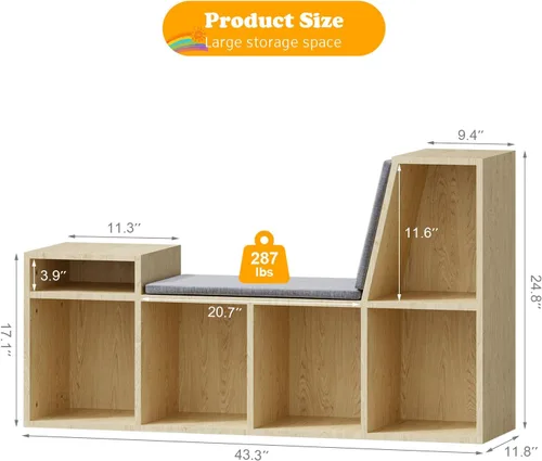 Miniatura 2 de HedoAjim Rincón de lectura para niños con almacenamiento, estantería infantil de 6 cubos con cojín de asiento suave, banco de lectura para sala