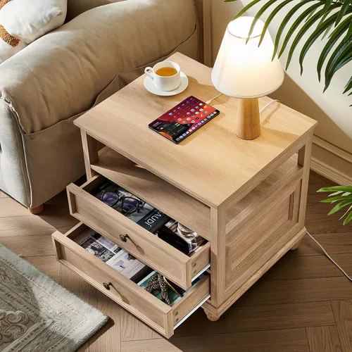 Miniatura 8 de Joaxswe Mesita de noche estilo granja con estación de carga, mesa auxiliar de 61 cm de ancho con 2 cajones, cómoda natural para dormitorio, cómoda