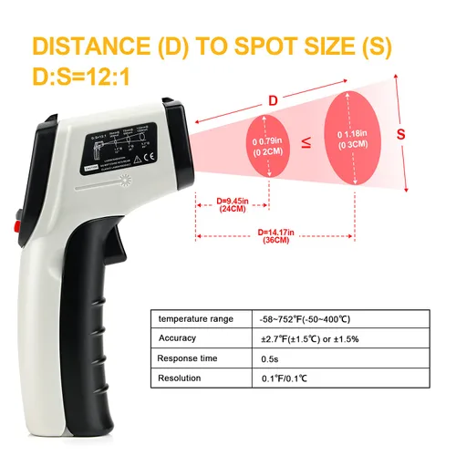 Miniatura 2 de Termómetro infrarrojo láser digital sin contacto, -58℉~ 752℉ (-58.0 °F ~ 752.0 °F) Pistola de temperatura IR de mano con emisividad ajustable