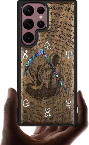 Carveit Funda de madera de diseñador para Samsung Galaxy S22 Ultra (grabado en madera e incrustaciones de carcasa) compatible con cargadores Grim