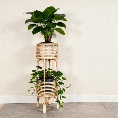 Miniatura 7 de KOUBOO Soporte para plantas de ratán de dos niveles, maceta natural, grande, marrón