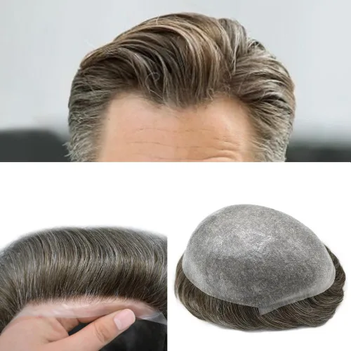 Miniatura 36 de Tupé de piel ultra fina para hombres pieza de cabello humano real sistema de reemplazo 0.002 in Mens Toupee Hairpiece para hombres V-Loop 8x10 80%