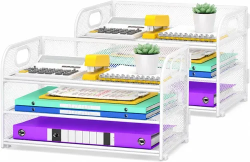 Miniatura 8 de Cawukege Organizador de papel de 3 niveles con asa, organizador de escritorio de metal, bandeja de cartas de papel de malla, carpeta de archivos