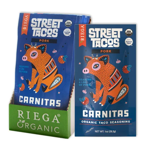 Riega Street Taco Seasoning, mezcla de especias mexicanas orgánicas para cocinar comidas auténticas, carnitas, paquetes de 1.1 onzas, 8 unidades