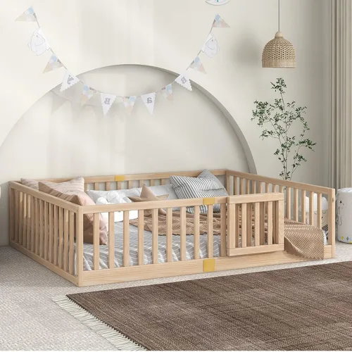 Miniatura 10 de Tatub Cama Montessori de suelo individual con rieles altos, marco de cama Montessori de madera maciza para niños, la puerta se puede instalar a Gris