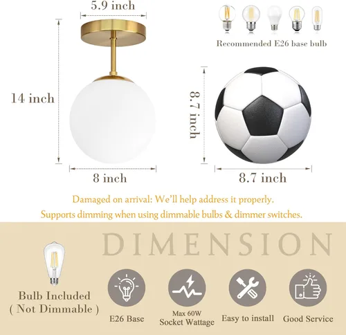 Miniatura 4 de Lámpara de techo semiempotrada con globo dorado, moderna de mediados de siglo, lámpara de techo con globo para pasillo, sala de estar, cocina, Latón