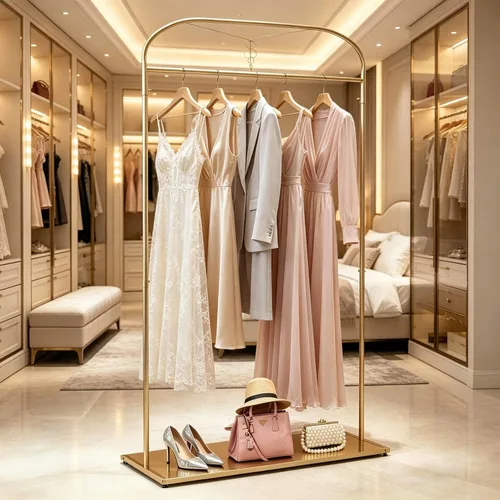 Miniatura 4 de 91" estante alto de la ropa del oro con los estantes, estante largo del vestido de la ejecución Estantes de ropa nupcial, organizador para tienda