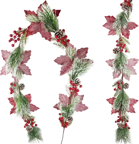 CISDUEO - Guirnalda de Navidad Artificial de Flores de Nochebuena Poinsettia, Guirnalda de Bayas Rojas Artificiales con Piñas para Chimenea, Mantel,