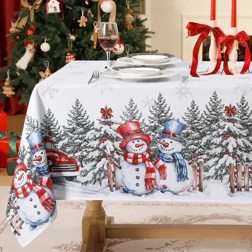 Miniatura 7 de Softalker Mantel Navideño Rectangular 60x102 Pulgadas, Mantel Rojo de Mesa de Invierno Navidad Muñeco de Nieve Camión, Cubierta de Mesa