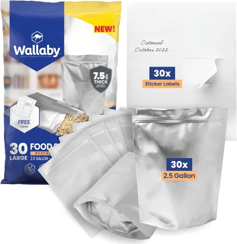 Wallaby 30 bolsas de Mylar con refuerzo de 2.5 galones con etiquetas, bolsas de almacenamiento de alimentos a largo plazo de 15 mil de grosor total,