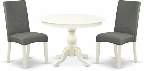 East West Furniture HBDR3-LWH-07 - Juego de comedor de 3 piezas que contiene una mesa de comedor redonda con pedestal y 2 sillas Parson tapizadas de