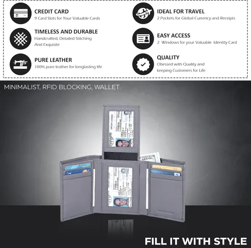 Miniatura 5 de Billetera triple de cuero real para hombre, billetera RFID delgada, 9 tarjetas de crédito, 2 compartimentos de identificación, regalo para hombres