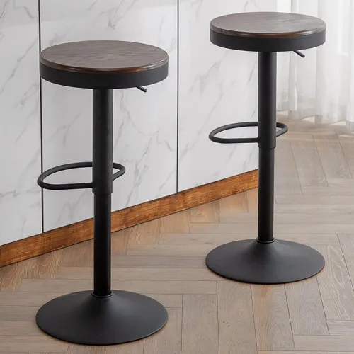 Miniatura 20 de Kidol & Shellder Juego de 2 taburetes de bar negros ajustables giratorios sin espalda, modernos y redondos de madera, sillas de barra de altura sin