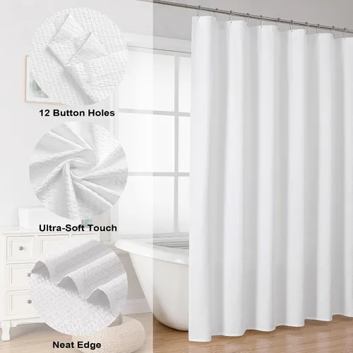 Miniatura 7 de OVZME Berry Cortina de ducha blanca extra larga de 96 pulgadas de largo, cortina de ducha de tela con textura en relieve 3D, cortina de baño grande
