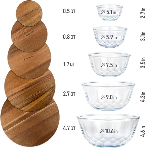 Miniatura 3 de Juego de 5 cuencos apilables grandes de vidrio anidables con tapas de acacia para preparación de alimentos, almacenamiento, horneado, mezcla de masa