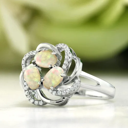 Miniatura 49 de Gem Stone King Flower Blossom Gemstone Birthstone Ring in 925 Sterling Silver 3-Stone Oval 6X4MM with Sparkling Accents Wedding Anniversary