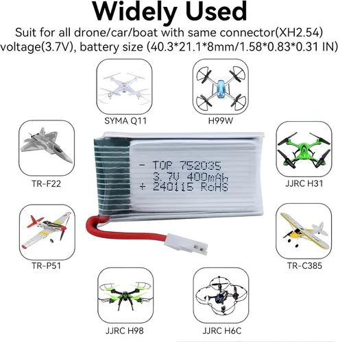 Miniatura 2 de Batería Lipo de 3.7 V 400 Mah - 5 baterías de dron con cargador USB 5 en 1 para Syma Q11 H99W H31 H6C H98 TR-C385 TR-P51 TR-F22 Quadcopter Parts