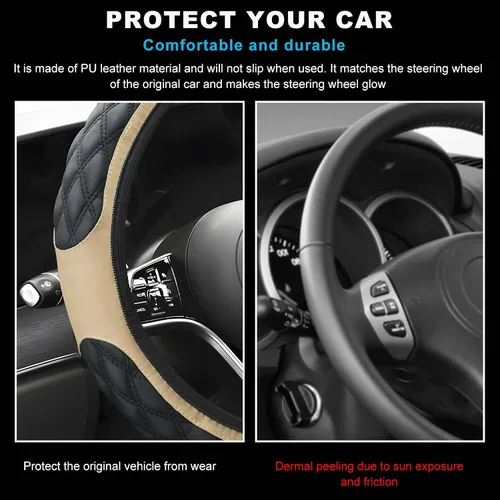 Miniatura 5 de povtii Funda para volante de automóvil, 15 pulgadas, cuero antideslizante, protector de volante de automóvil, alfombrillas de funda suave universal