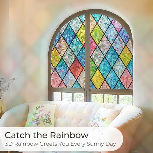 Miniatura 5 de Lámina de privacidad para ventana Windimiley con diseño de vidrio manchado: adhesivo estático decorativo floral 3D arcoíris con control de calor