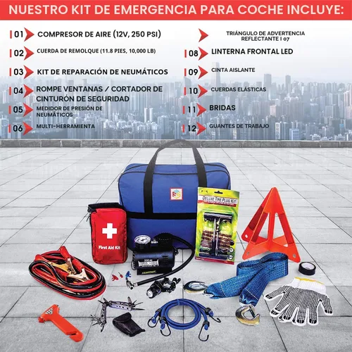 Miniatura 7 de Kit de emergencia para automóvil con compresor de aire, cables de puente, primeros auxilios, correa de remolque, medidor de neumáticos, faro Azul