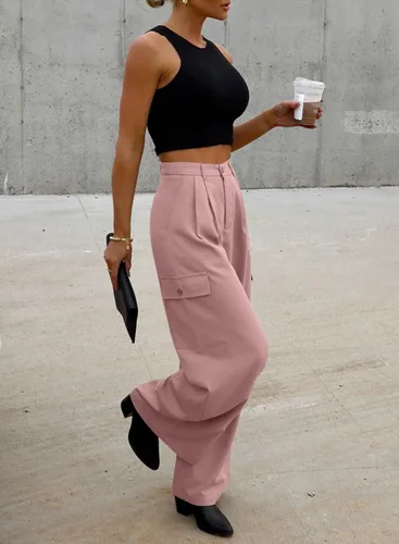 Miniatura 5 de Dokotoo Pantalones cargo de cintura alta y pierna ancha para mujer, holgados, informales, modernos, con 4 bolsillos