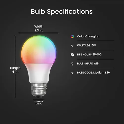 Miniatura 3 de Feit Electric Bombilla LED A19 que cambia de color, 16 colores con 5 niveles de brillo, efectos de flash/estroboscópico/desvanecimiento/suave, 5 W