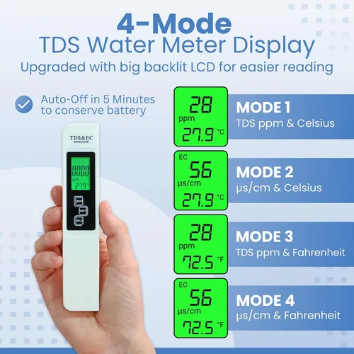 Miniatura 2 de Todo-nuevo medidor de agua digital TDS 2026 – Medidor 4 en 1 preciso y confiable de TDS, EC y temperatura (°C, °F) 0-9990 ppm, ideal para agua