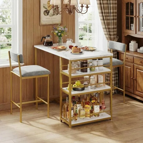 Miniatura 11 de GarveeHome Juego de mesa de comedor para 2, mesa de cocina de altura de mostrador con 2 taburetes de bar tapizados, mesa de comedor y sillas
