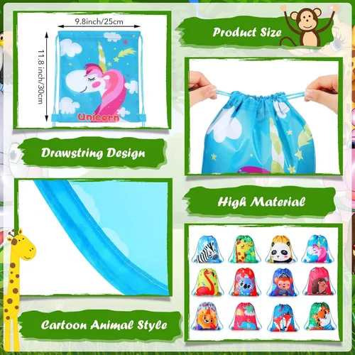 Miniatura 2 de Shappy Paquete de 12 bolsas de recuerdos de fiesta de animales de dibujos animados, bolsa de regalo de animales de safari, mochila con cordón
