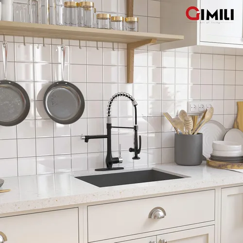 Miniatura 6 de GIMILI Grifo de cocina negro y dorado con rociador desplegable Grifo de fregadero de cocina de alta presión de una sola manija Grifos de cocina