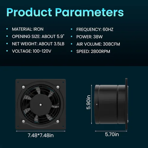 Miniatura 4 de HG Power Ventilador de escape de 6 pulgadas con controlador de velocidad, ventilador de pared de 308 CFM para cocina, baño, extractor de metal