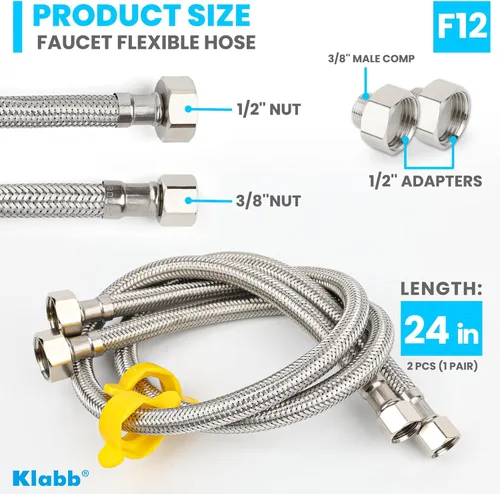 Miniatura 2 de Klabb Línea de suministro de grifo trenzado de acero inoxidable de 24 pulgadas, conector FIP de 1/2" x compresión de 3/8", conector de agua flexible