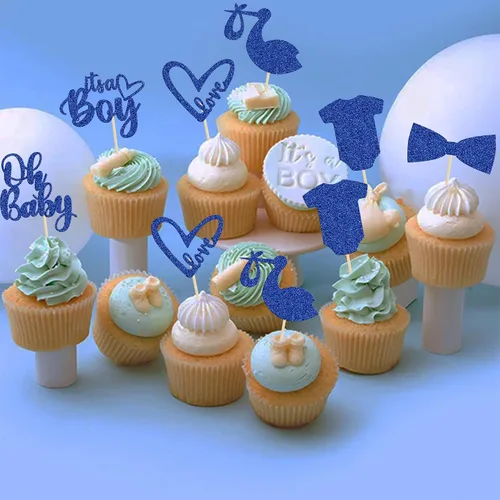 Miniatura 9 de Gyufise Paquete de 36 adornos para cupcakes "It's a Boy" con corbata, mameluco de amor, corazón, azul profundo, purpurina azul oscuro, decoración