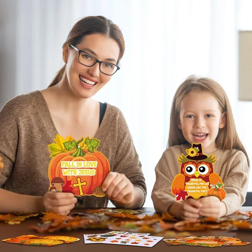 Miniatura 4 de Outus 24 piezas de manualidades religiosas de otoño para niños, calcomanías de calabaza y Jesús de cosecha de otoño, adornos colgantes