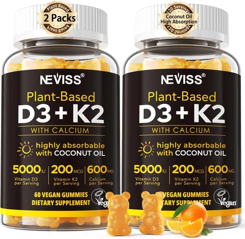 Vitamina D3 5000 UI y K2 (como MK7) 200 mcg Gomitas + 600 mg de Calcio, con Aceite de Coco para Alta Absorción, Suplemento de Vitamina D3 K2 de