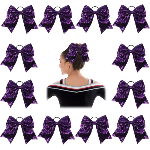 Miniatura 20 de Oaoleer 12 lazos grandes con purpurina para el pelo de 7 pulgadas, banda elástica hecha a mano para animadoras, adolescentes, niñas, deportes Negro
