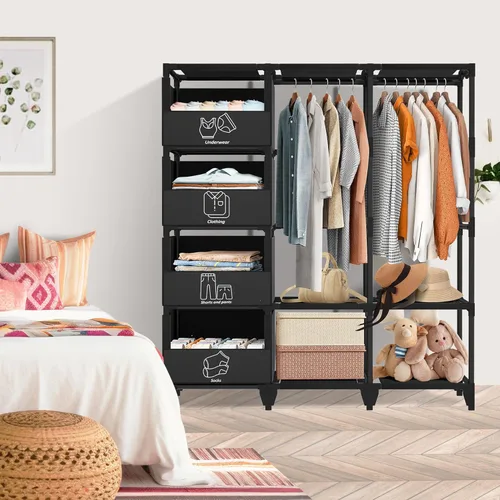 Miniatura 2 de Armario Portátil, Fácil Montaje, Armario Ropero de Gran Capacidad, Perchero de Ropa Resistente y Estable con Estantes, 4 Cestas de Almacenamiento