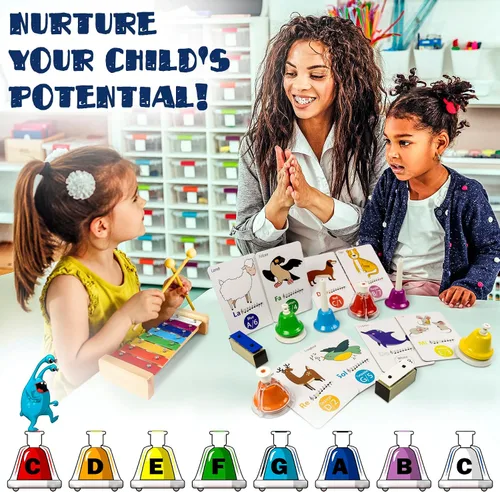 Miniatura 6 de MINIARTIS Campanas de escritorio para niños Juguetes educativos de música para niños pequeños Juego de campanas de mano coloridas de 8 notas