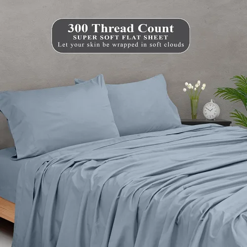 Miniatura 5 de Royale Linens Sábana Plana de Algodón Peinado de Fibra Larga 100% de 300 Hilos - Súper Suave - Sábanas Superiores - Sábana Plana Tamaño King Se Azul