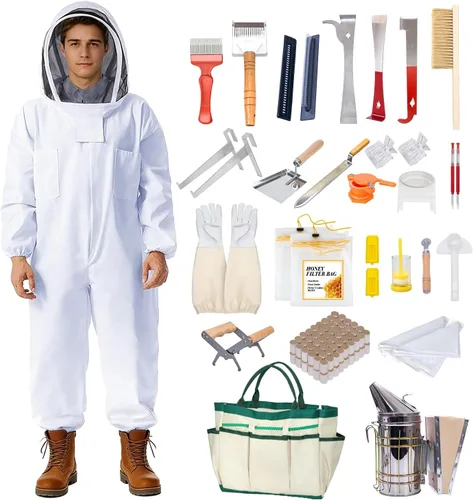 POLLIBEE Kit de inicio de 35 suministros de apicultura con traje de abeja, ahumador y soporte para marco, juego completo de herramientas para