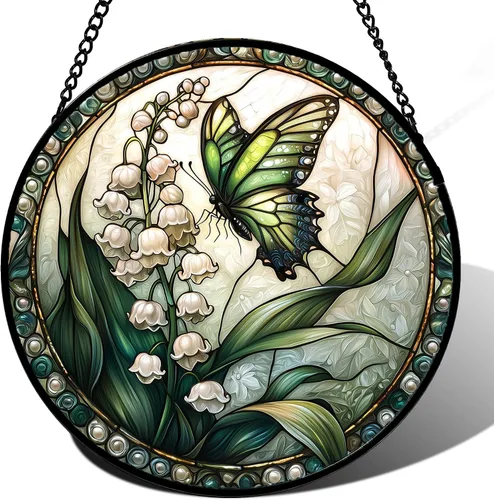Miniatura 17 de DASTOLL Colgante de vidrio emplomado para ventana, diseño de lirio del valle, mariposa, atrapasol para puertas, hogar, atrapasoles decoración