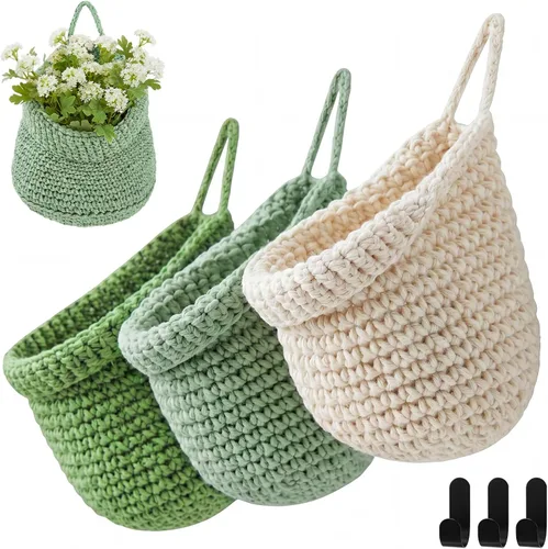 Miniatura 20 de Honeydak Cestas colgantes de pared bohemias para cocina, paquete de 3 cestas de lágrima con ganchos, almacenamiento de frutas, cebollas, verduras