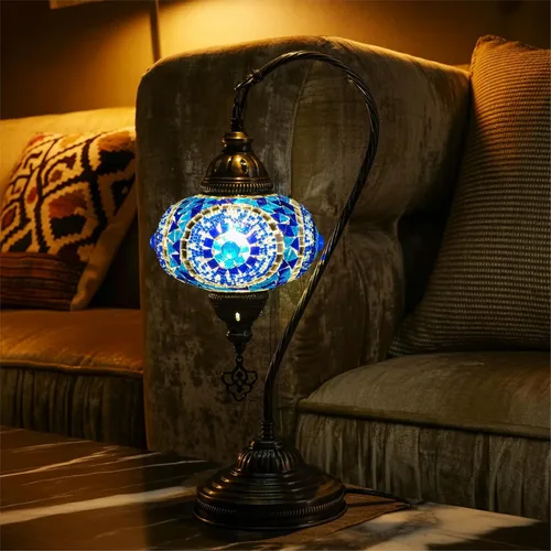Lámpara Turca, Lámpara de Mesa de Mosaico Cuello de Cisne, Pantalla de Lámpara Decorativa Marroquí de Vidrio Antiguo Bohemio Vintage, Lámpara de