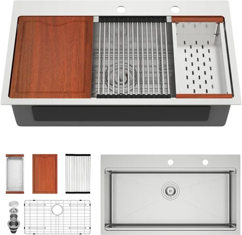 Miniatura 12 de Fregadero de cocina negro de 30"x19", estación de trabajo con revestimiento nano, acero inoxidable 304 calibre 16, hecho a mano, montaje superior
