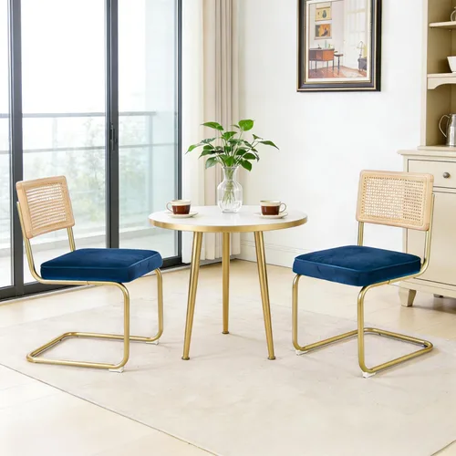 Miniatura 4 de CangLong Juego de 2 sillas de comedor de terciopelo, sillas de comedor de ratán con patas de metal y respaldo de ratán de malla natural, sillas