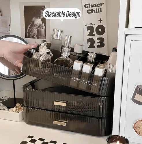 Miniatura 2 de Cajón organizador apilable de plástico transparente Organiza paletas de sombras de ojos, cosméticos y suministros de belleza en un tocador