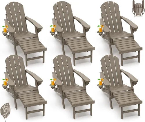 Miniatura 7 de GREENVINES Sillas Adirondack con Otomano Juego de 2 Grano de Madera Plegable Reposapiés Retráctil Plástico HDPE Silla para Hoguera Todo