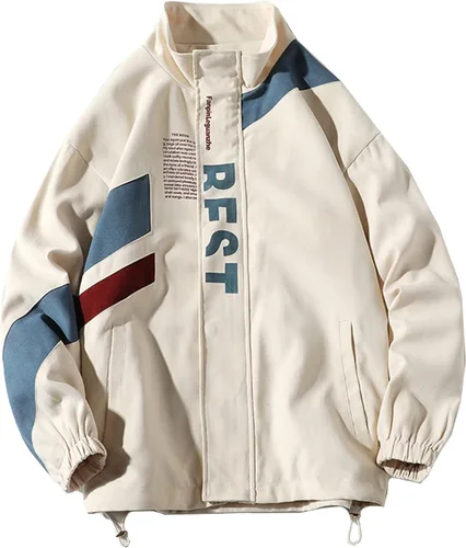 Aelfric Eden Chaquetas de motocicleta para hombre, chaqueta universitaria, chaqueta vintage con estampado de letras, chaqueta de retazos beige de